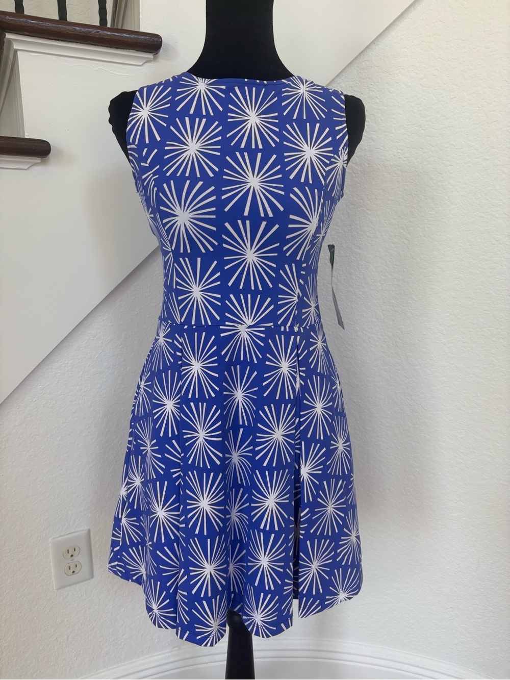 Katherine Way Royal Blue and White Sunburst Fit-and-Flare Dress